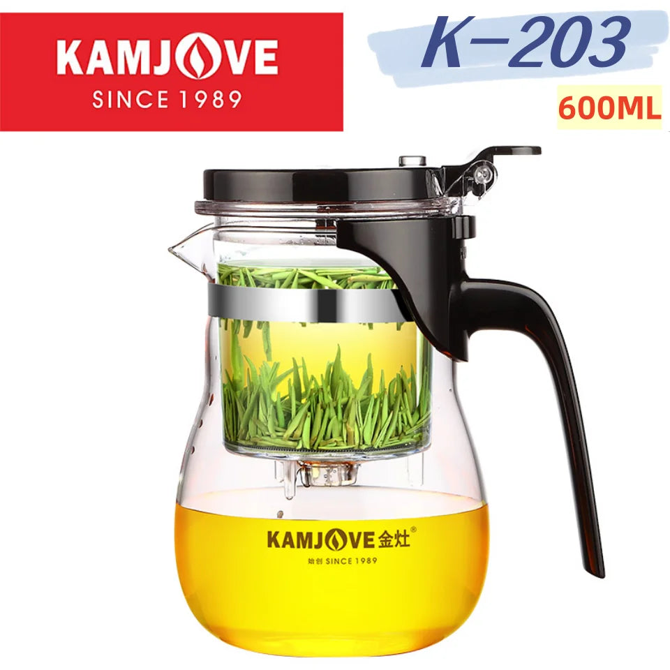 KAMJOVE Separating Glass Teapot with Strainer for Tea Infusions,Heat-resisting Glass One-click Filtering 400-900ml with Plunger