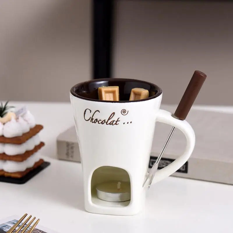 Chocolate Fondue Cup European Candle Cup Ceramic Mugs Heat  Melt Cheese Creative Coffee Mug With Fork Christmas Party Date Idea