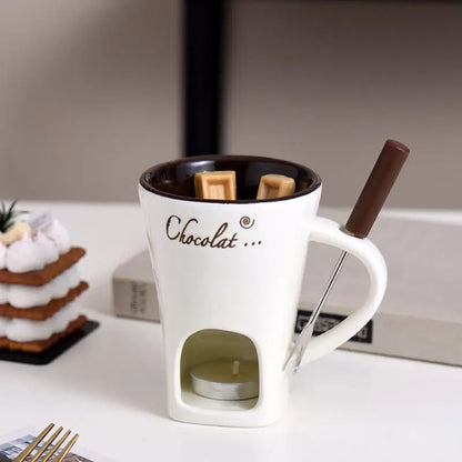 Chocolate Fondue Cup European Candle Cup Ceramic Mugs Heat  Melt Cheese Creative Coffee Mug With Fork Christmas Party Date Idea