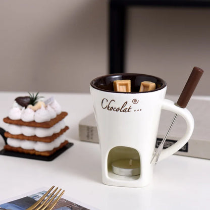 Chocolate Fondue Cup European Candle Cup Ceramic Mugs Heat  Melt Cheese Creative Coffee Mug With Fork Christmas Party Date Idea