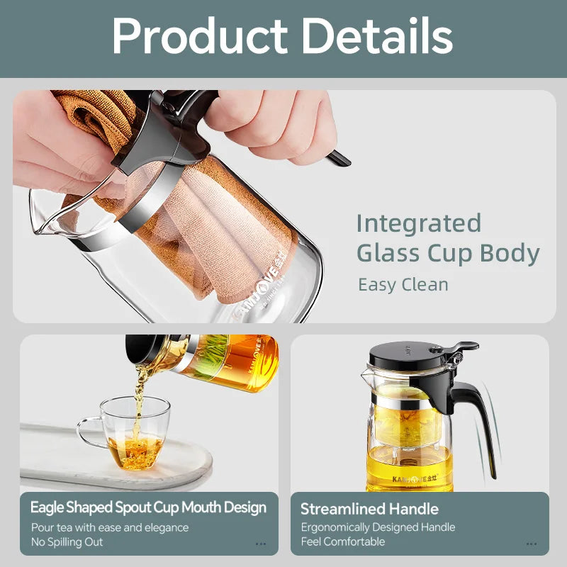KAMJOVE Separating Glass Teapot with Strainer for Tea Infusions,Heat-resisting Glass One-click Filtering 400-900ml with Plunger