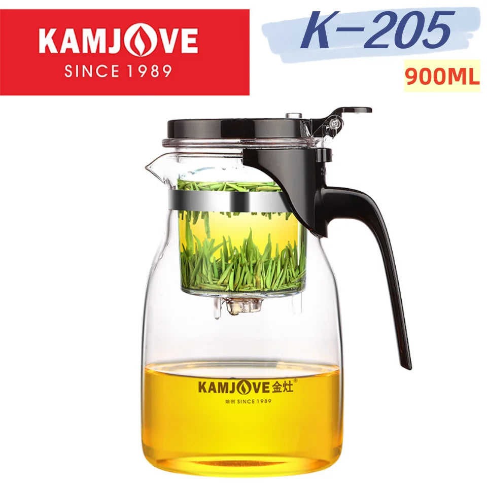 KAMJOVE Separating Glass Teapot with Strainer for Tea Infusions,Heat-resisting Glass One-click Filtering 400-900ml with Plunger
