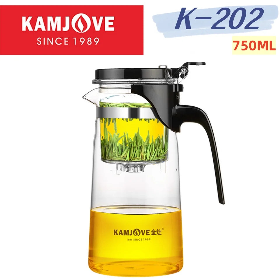 KAMJOVE Separating Glass Teapot with Strainer for Tea Infusions,Heat-resisting Glass One-click Filtering 400-900ml with Plunger