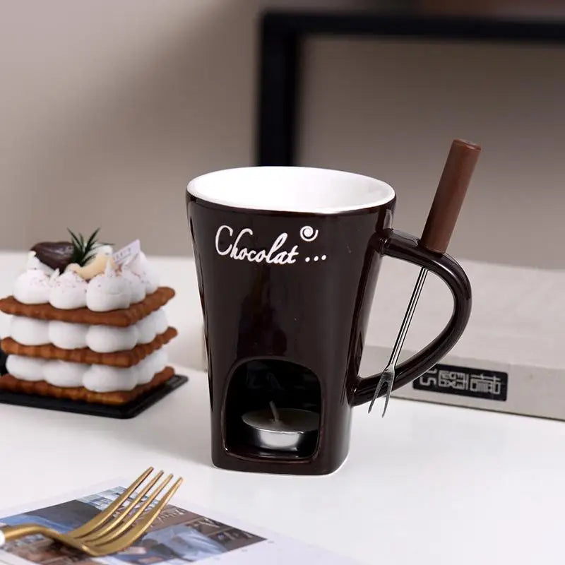 Chocolate Fondue Cup European Candle Cup Ceramic Mugs Heat  Melt Cheese Creative Coffee Mug With Fork Christmas Party Date Idea