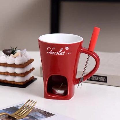 Chocolate Fondue Cup European Candle Cup Ceramic Mugs Heat  Melt Cheese Creative Coffee Mug With Fork Christmas Party Date Idea