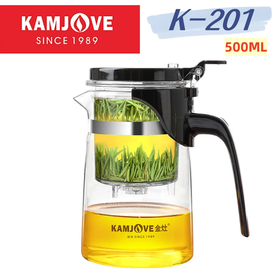 KAMJOVE Separating Glass Teapot with Strainer for Tea Infusions,Heat-resisting Glass One-click Filtering 400-900ml with Plunger