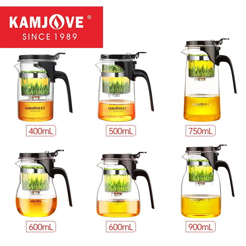 KAMJOVE Separating Glass Teapot with Strainer for Tea Infusions,Heat-resisting Glass One-click Filtering 400-900ml with Plunger